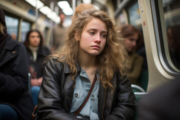 Sleepy tired beautiful woman in the metro station