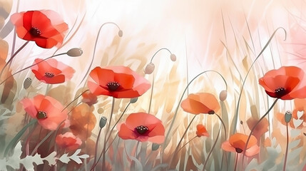 red poppies watercolor delicate drawing of wild flowers in a field on a white background.