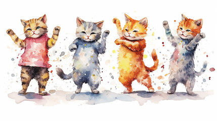 drawing collection cats dancing watercolor multicolored on a white background,  AI