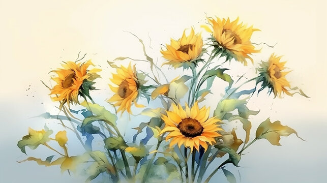 sunflowers watercolor on a white background, summer flowers.