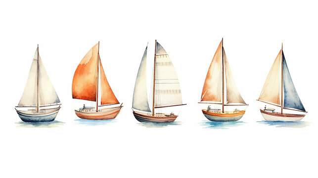 set, a collection of watercolor drawing of a boat with a sail.