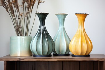 Fototapeta na wymiar handcrafted pair of ceramic vases on a glass shelf