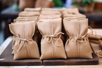 stacks of flat brown paper bags tied with jute ropes