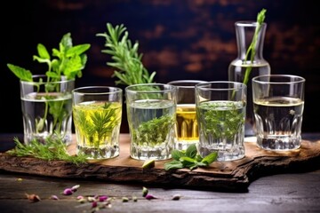 glassware with botanical-infused gin on a dark stone table