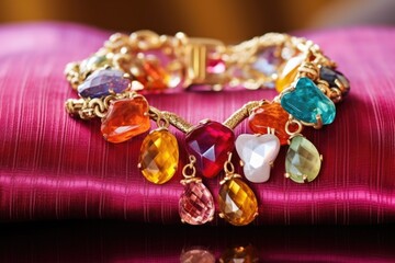 handcrafted glass charm bracelet on a velvet cushion