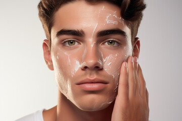 man applying face mask for skin treatment - obrazy, fototapety, plakaty