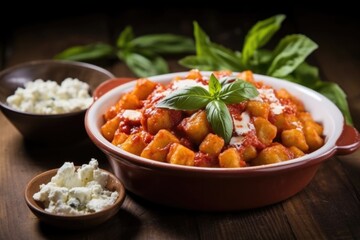 serving bowl of gnocchi with red sauce
