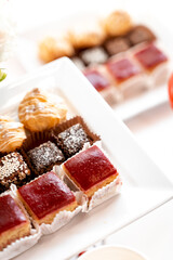 buffet, bright treats for guests, desserts and champagne 