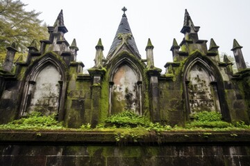 close-up of moss-covered battlements of a gothic revival structure