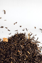 dried tea leaves, tea variety on white background