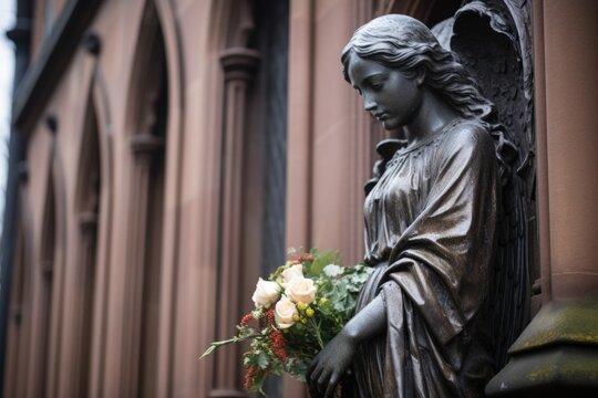 Close-up Of A Stone Angel Statue On A Gothic Revival Facade