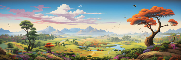 colourful painting of the paradise landscape, a picturesque natural environment in cute cartoon style - obrazy, fototapety, plakaty