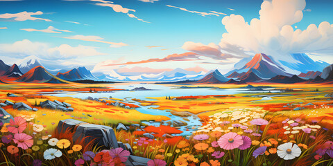 colourful painting of the tundra landscape, a picturesque natural environment in cute cartoon style