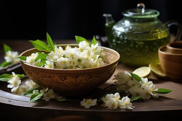 Fototapeta na wymiar Exquisite green tea leaves and fragrant jasmine flowers 