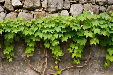 close-up of grape vines traversing a stone wall