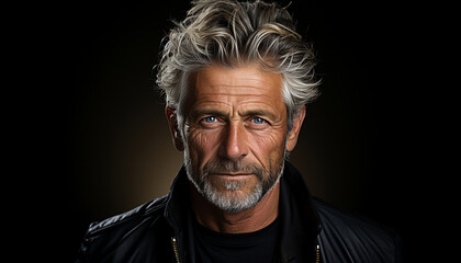 Intense close-up portrait of a mature man with striking blue eyes and tousled silver hair, donning a black leather jacket