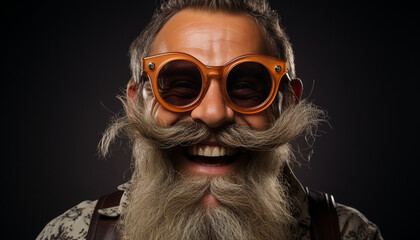 Cheerful bearded man with twirled mustache, donning oversized orange sunglasses and a patterned shirt, exuding a playful vibe against a dark backdrop.