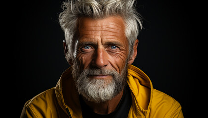 Close-up portrait of a distinguished older man with striking blue eyes, silver hair, and a thick beard, wearing a yellow jacket against a dark background.