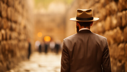 Rear view of a man in a fedora hat and tailored suit, standing contemplatively in a narrow, sunlit cobblestone alley