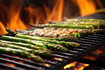 asparagus grilling, with visible grill lines and smoke