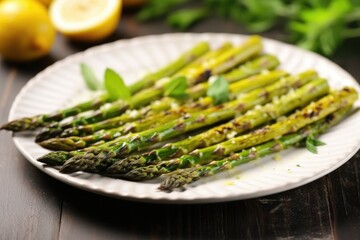diagonal row of perfectly grilled asparagus on a plate