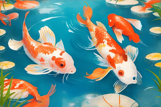 This image shows a group of koi fish swimming in a pond with lily pads. The fish are orange and white
