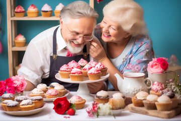 Smiling senior couple with white hair cooking some colorful muffins
