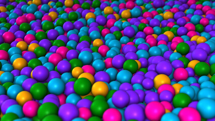 Close Up Perspective View Selected Focus Blue Purple Yellow Colorful Ball Pit Balls Background 3d Rendering