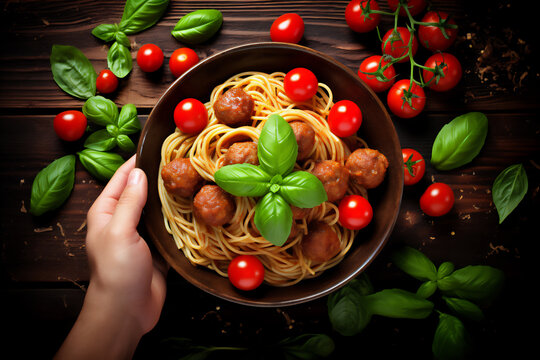 image from above of a man's hand holding a plate of spaghetti with cherry tomatoes and basil