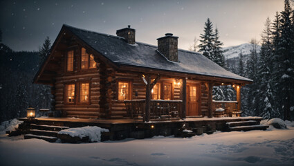 Cozy cabin in the woods, A charming log cabin nestled in a snowy forest, a warm, inviting interior with a crackling fireplace and a view of snowflakes falling outside, generative Ai