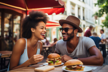 African American couple smiling having a hamburger on the terrace of a restaurant