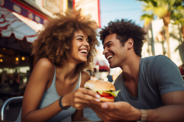 young boy and girl couple smiling eating a hamburger together