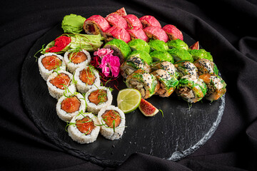 sushi set on the black background