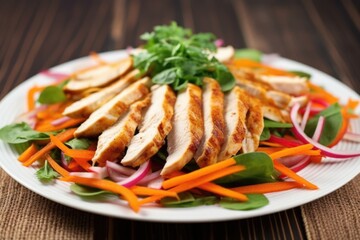 grilled chicken salad with carrot strips and radish slices