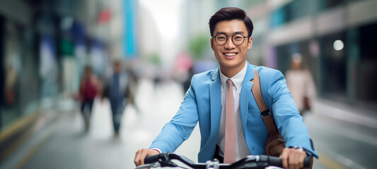 A portrait shot of a smiling Asian man in a brown, navy blue suit and black tie, wearing a black backpack, riding a bicycle in the blurry crowded city background to office. Generative AI. - Powered by Adobe