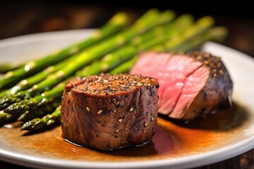 smoky grilled filet mignon with a side of asparagus - obrazy, fototapety, plakaty