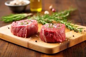 filet mignon resting on chopping block after grilling - obrazy, fototapety, plakaty