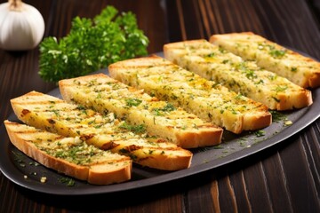 freshly prepared grilled garlic bread on a silver platter