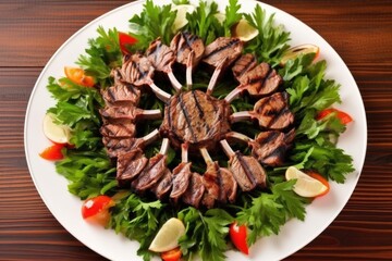 grilled lamb chops arranged in a circular pattern on a large plate