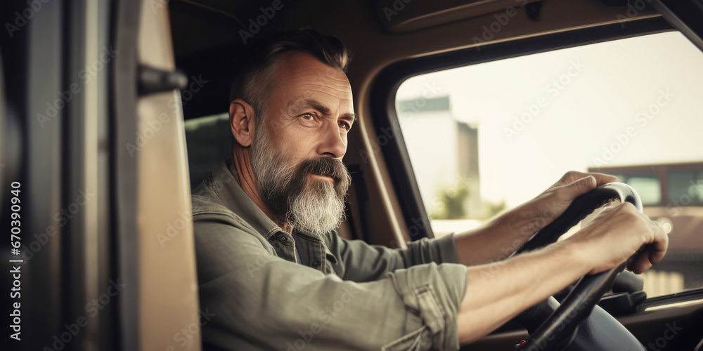 Wall mural lorry truck delivery driver elderly senior male man driving van sitting behind steering wheel concep