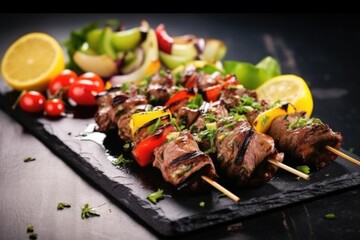 bright image of grilled lamb kebabs garnished with lime wedges