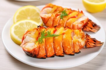 close-up of a single grilled lobster tail on a white plate