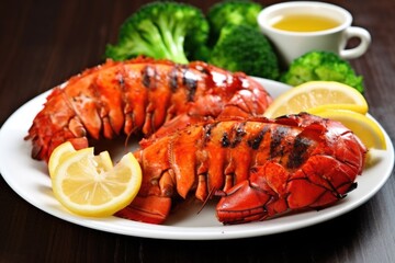 ruby-red grilled lobster tails with a side of steamed broccoli - obrazy, fototapety, plakaty