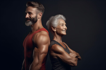 Athletic elderly muscular man and woman in gym before workout