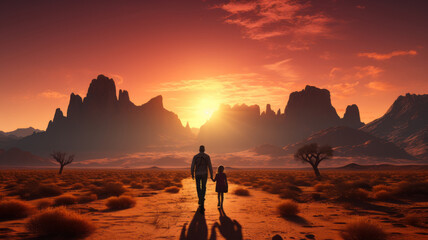 Fototapeta na wymiar A family walks through the desert into an uncertain future.