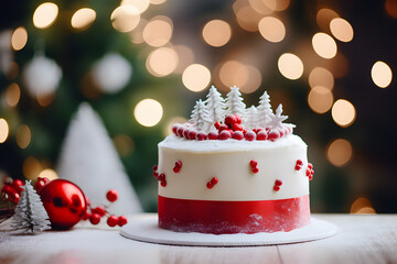 Christmas desserts, Close-up shot, wedding cake on table decorated with Christmas ornament.
