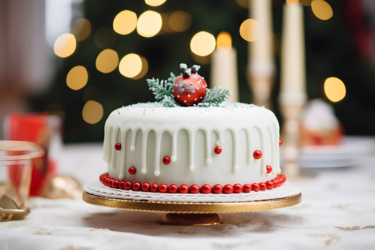 Christmas desserts, Close-up shot, wedding cake on table decorated with Christmas ornament.