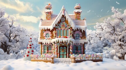 A beautifully crafted gingerbread house, adorned with colorful candies and icing, set amidst a snowy scene.