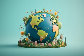 3D globe showcasing a blend of urban structures and nature, set against a soothing pastel gradient.