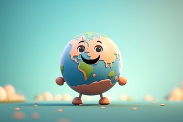 Cute animated globe with a joyous expression, emphasizing positive environmental awareness and care. - obrazy, fototapety, plakaty